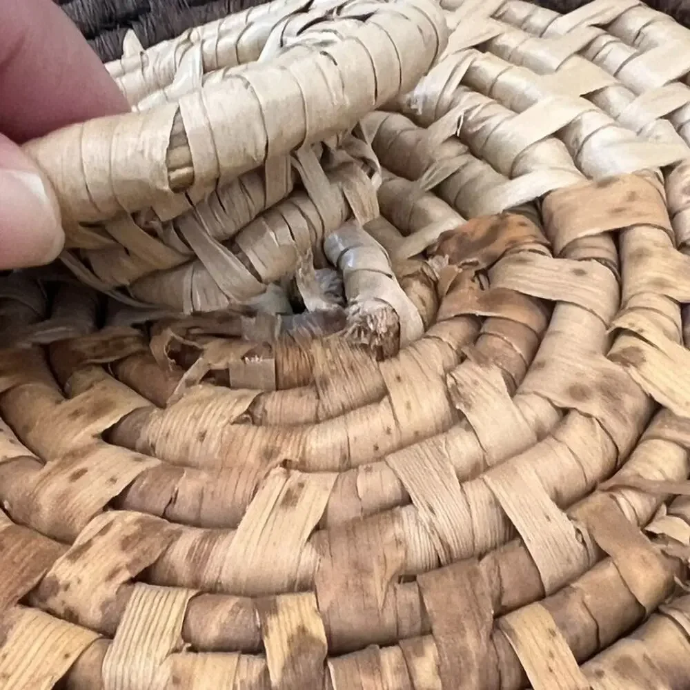 Coiled Pine Needle Round Lidded Basket 15.5